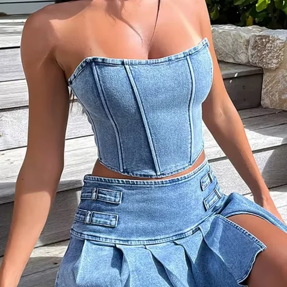 Sexy Denim Mini Skirt Set Women Sleeveless CropZipper Top High Waist A-line Ple